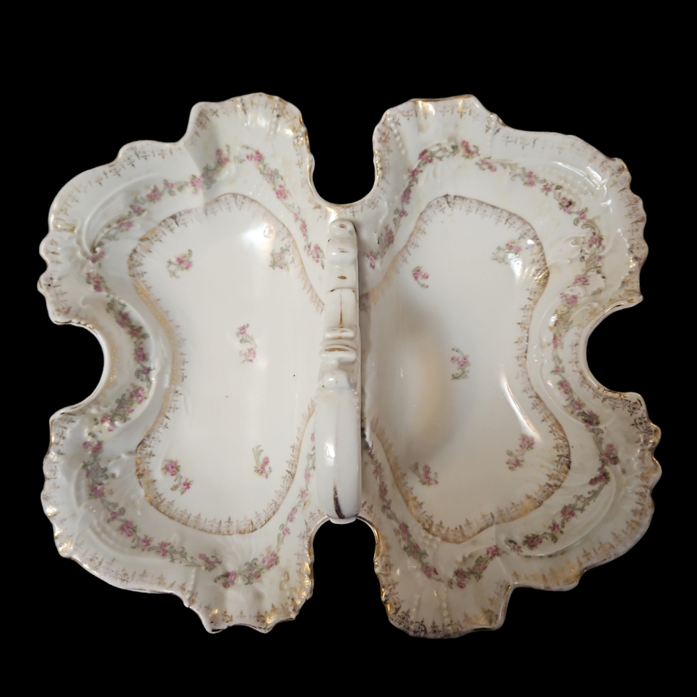 Carl Tielsch Germany antique 2 compartment serving dish w/ handle 11"x10"